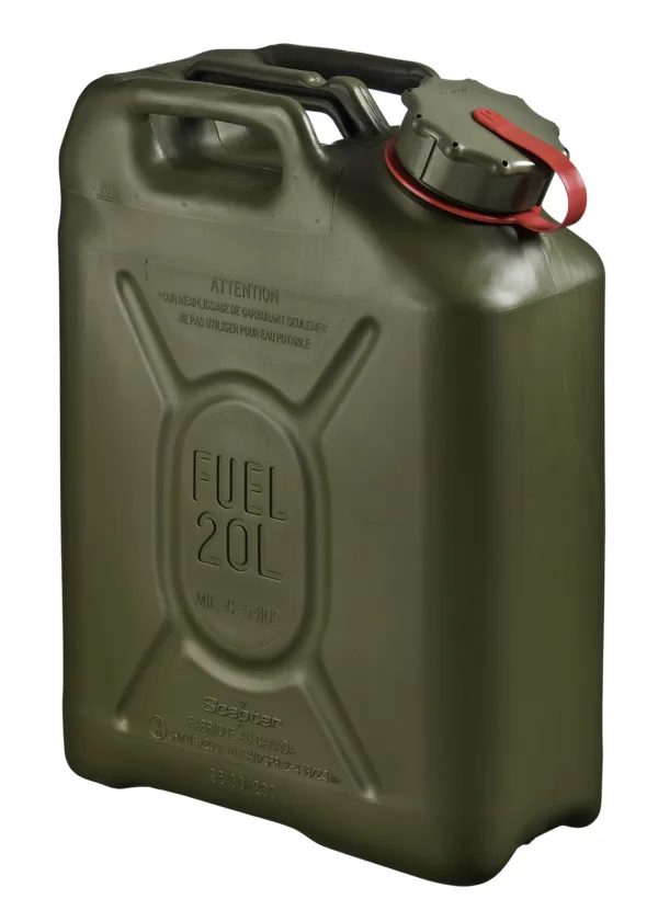 05552 Scepter Military Fuel Canister 20L Olive Drab / Red strap notes PETROL